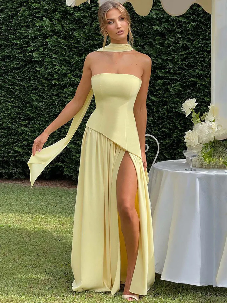 GACVGA Elegant Strapless Sexy Maxi Dress Women Gown Scarf Collar Bandage Backless High Split Club Party Evening Long Dress 260624