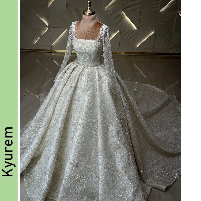 Luxury Beaded Wedding Dresses with Long Train Square Neck Bridal Gowns with Long Sleeves Customizable Vestidos De Novia Robe De Mariee