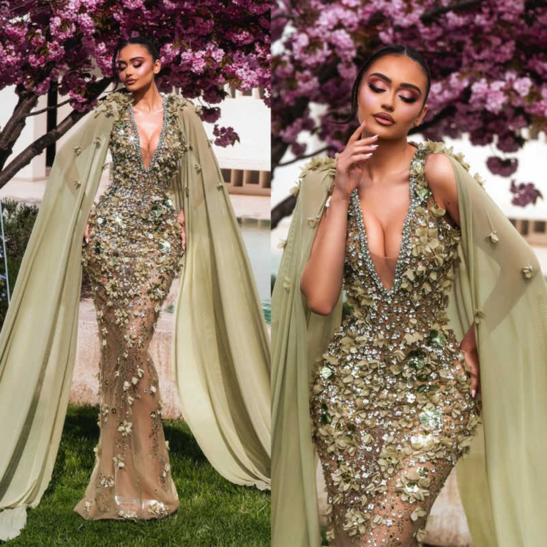 Charming 3D Floral Evening Dress V Neck With Long Cape Mermaid Cocktail Gown Crystals Sequined Customized Party Wear