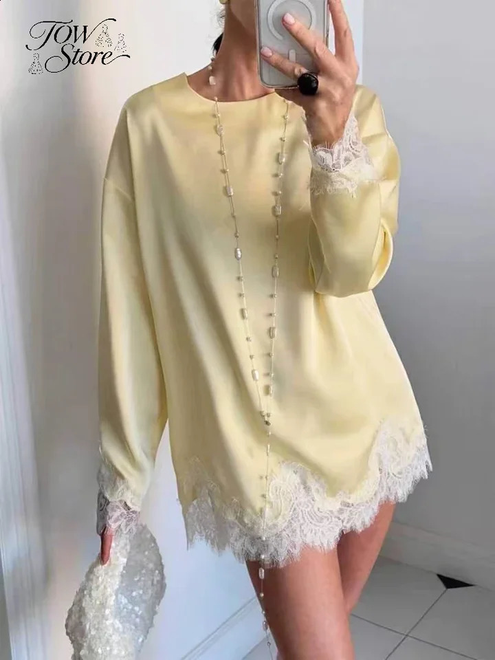 Satin Lace Patchwork Dress Women Casual Long Sleeve O-neck Casual 2026 Spring Female Dresses Solid Beach Robe Not Contain Pearls 260624BJ