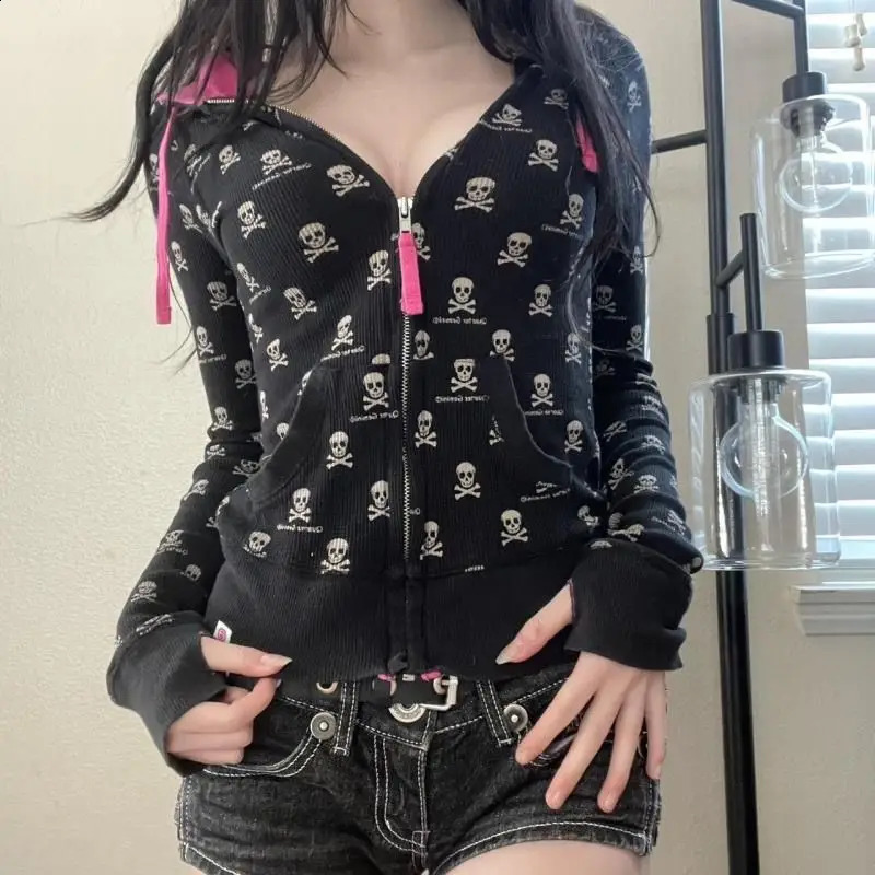 Gothic Skeleton Print Cardigan Contrast Hooded Sweatshirt Punk Jacket Women Autumn Y2k Slim Fit Zip Hoodie Kawaii Clothes 260625
