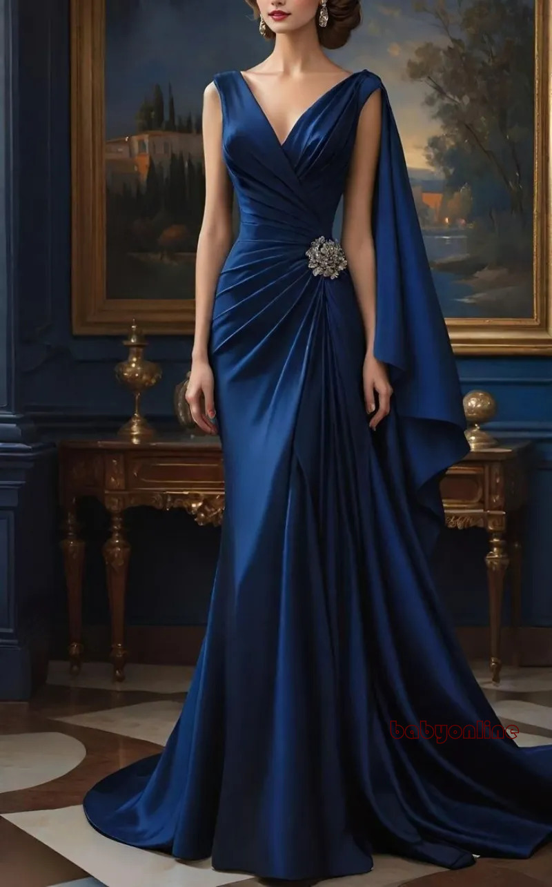 Pleats Satin Mermaid Evening Dresses V Neck Long Elegant Party Prom Gown Simple Special Occasion Dress For Women