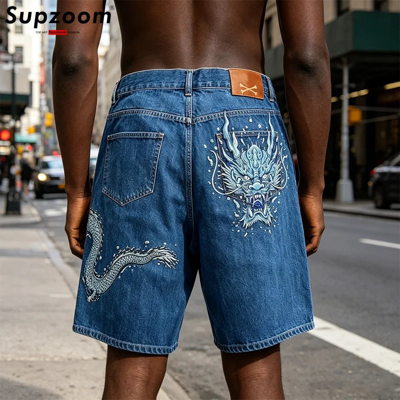 Supzoom 2026 Arrival Top Fashion Embroidered Dragon Summer Casual Cargo Cotton Denim Pockets Jeans Shorts Men 260625