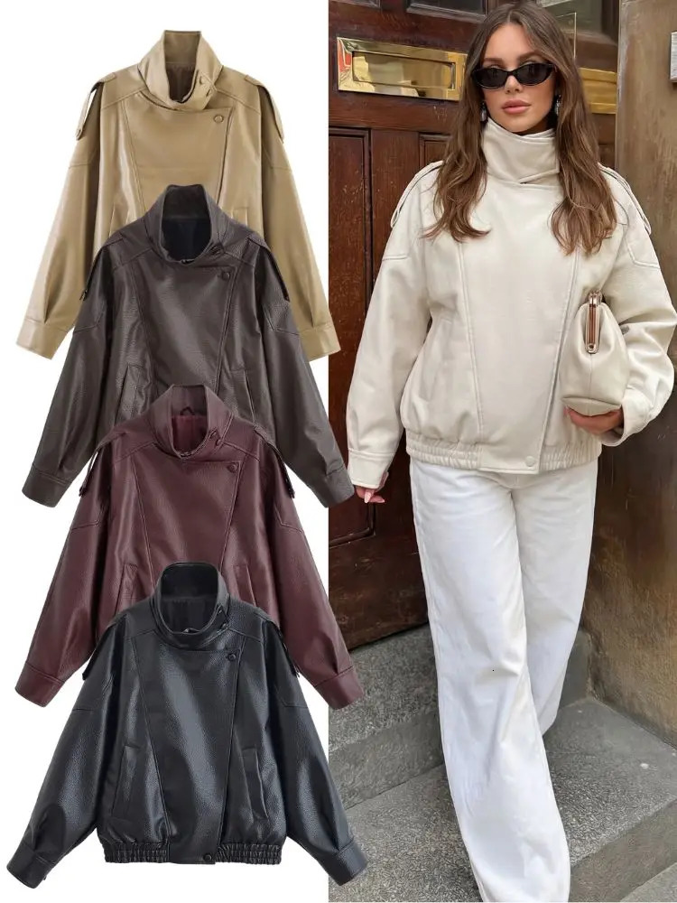 HH Women Spring Autumn Faux Leather Jacket 2026 Vintage Oversized Biker Coat Female Loose Fit Stand Collar Windproof Streetwear 260623