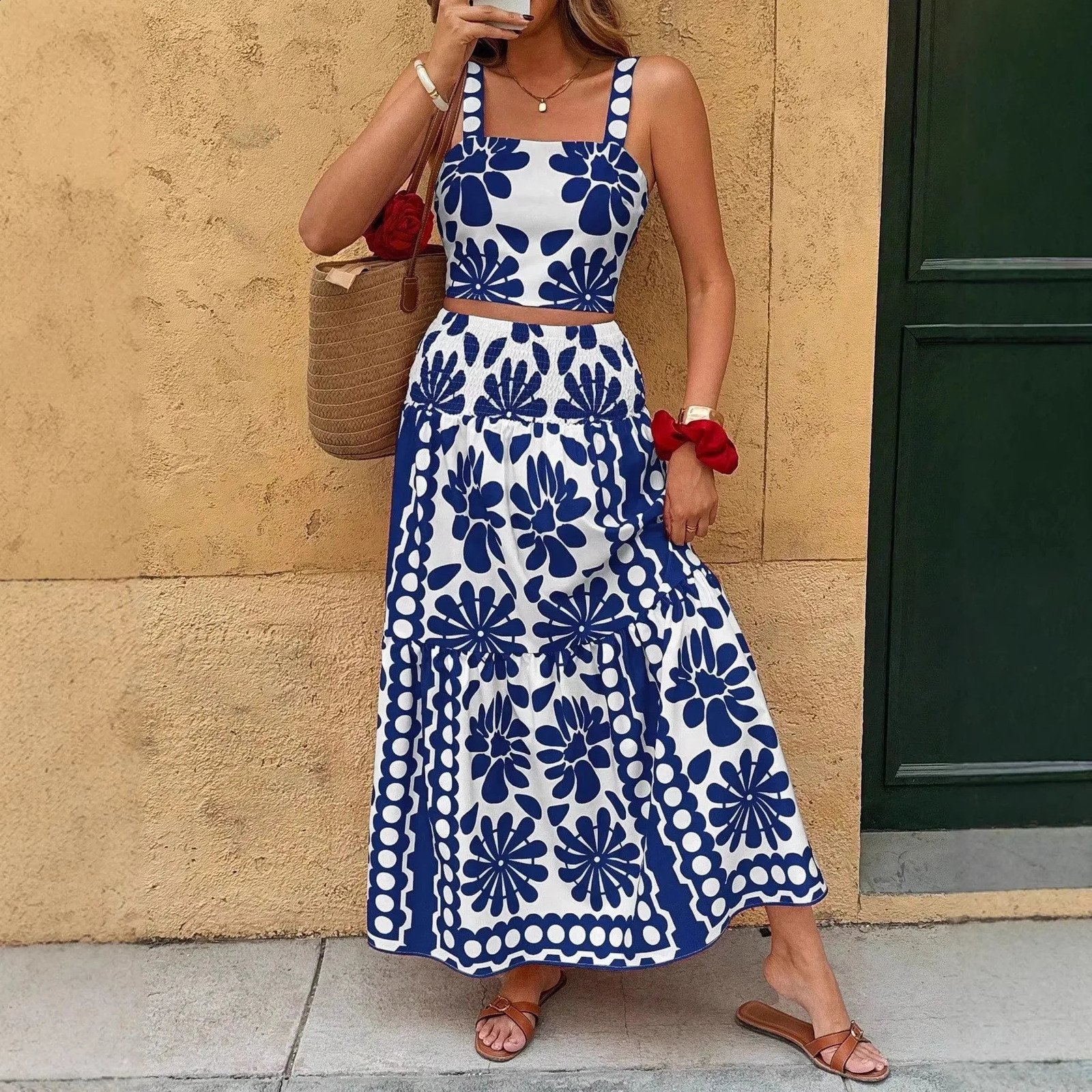 Women Boho Sexy Backless Matching Suit 2 Piece Beach Holiday Outfits Vintage Print Cami Tops Maxi Long Skirt Party Set Mujer 260618