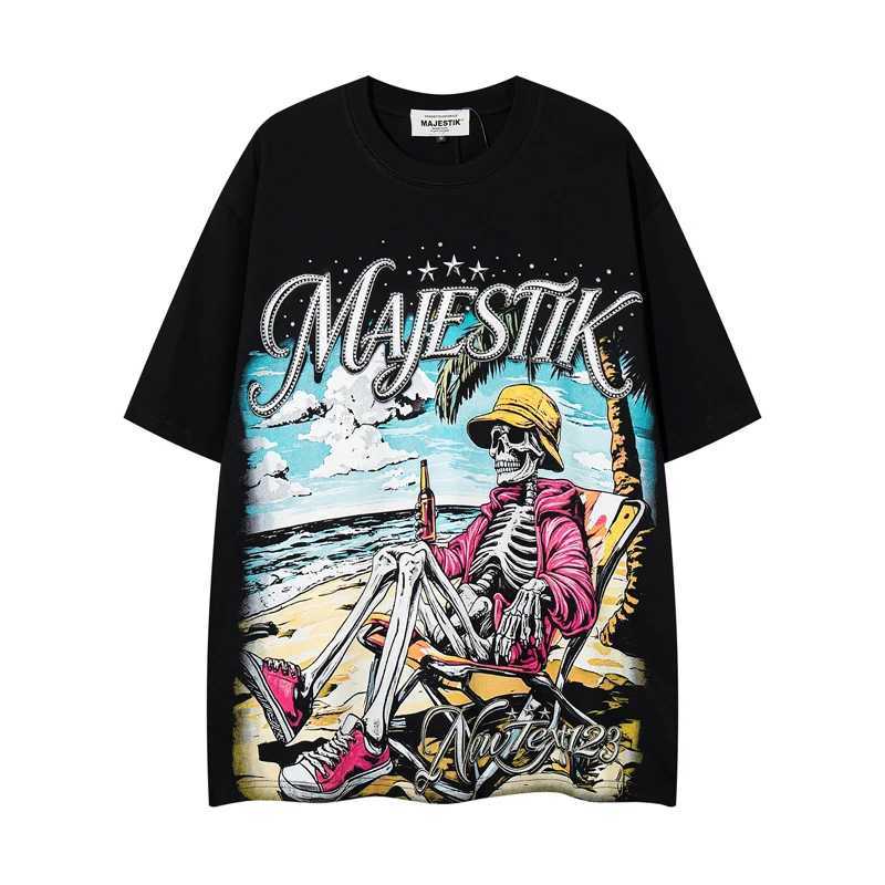 American Streetwear MAJESTIK T-shirt Graffiti Skull Print Tops High-quality Rhinestone Short Sleeves Tee T260622