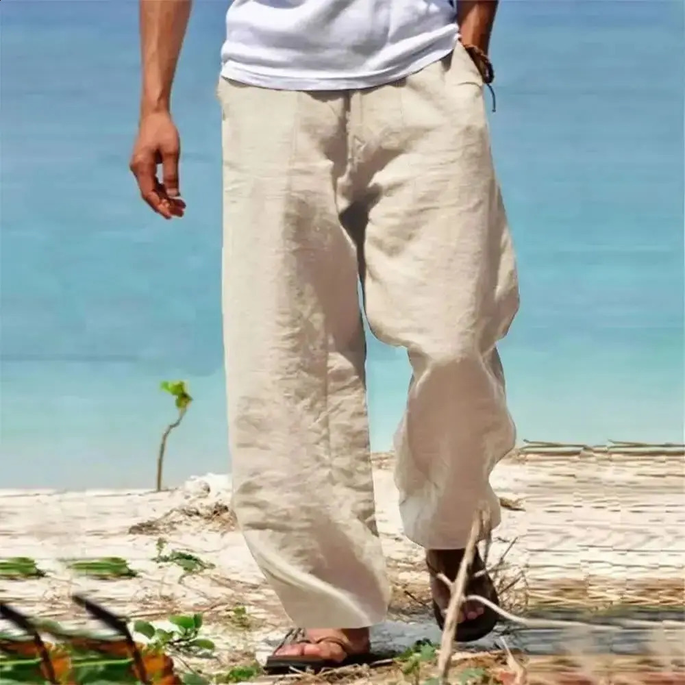Mens Linen Cotton Pants Straight Leg Breathable Lightweight Beach Style Cozy Trousers Casual Spring Summer Pants 260625