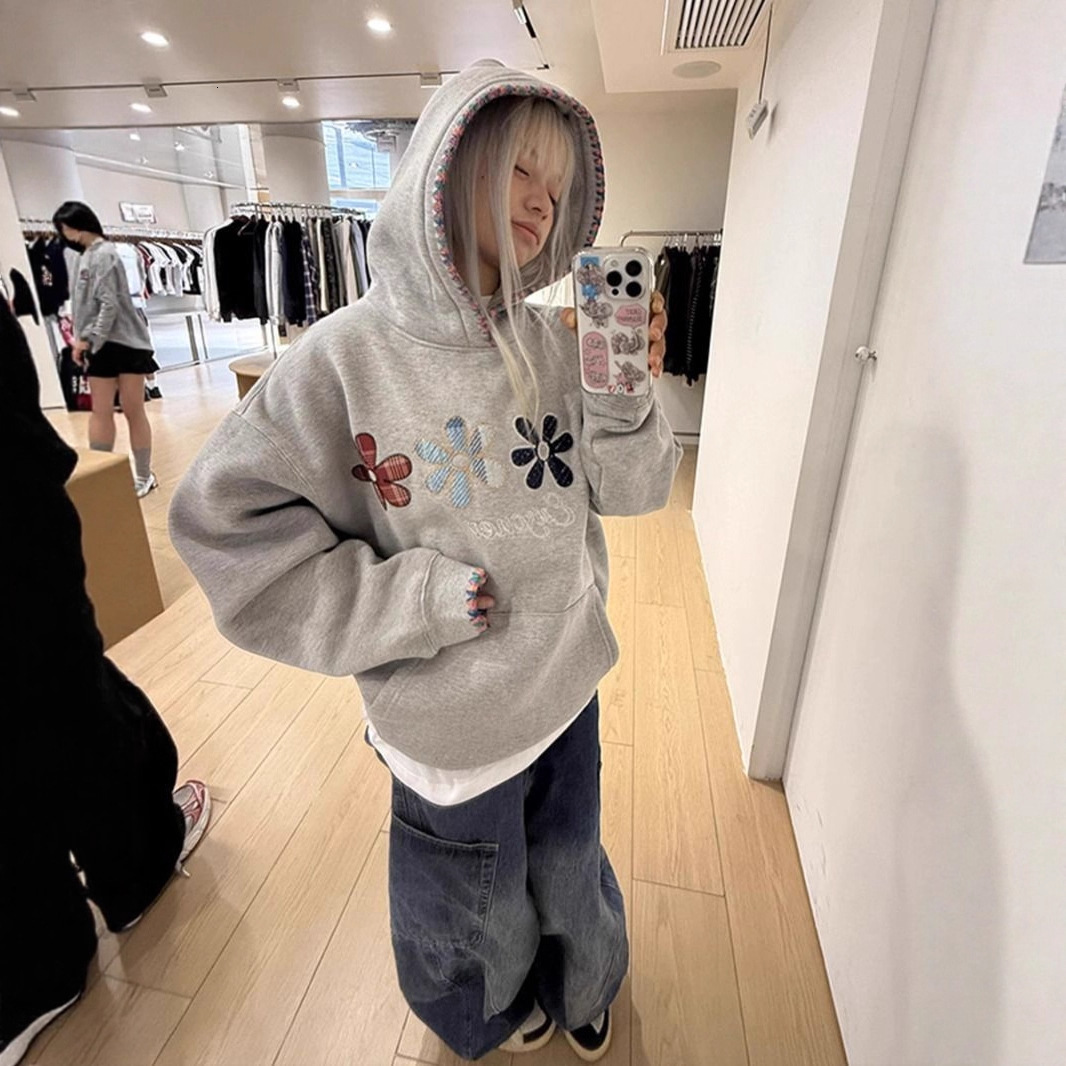 Felpa con cappuccio da donna Giacca da donna con zip oversize pigra con ricamo floreale minuscolo per donna Abiti da viaggio a strati autunno invern