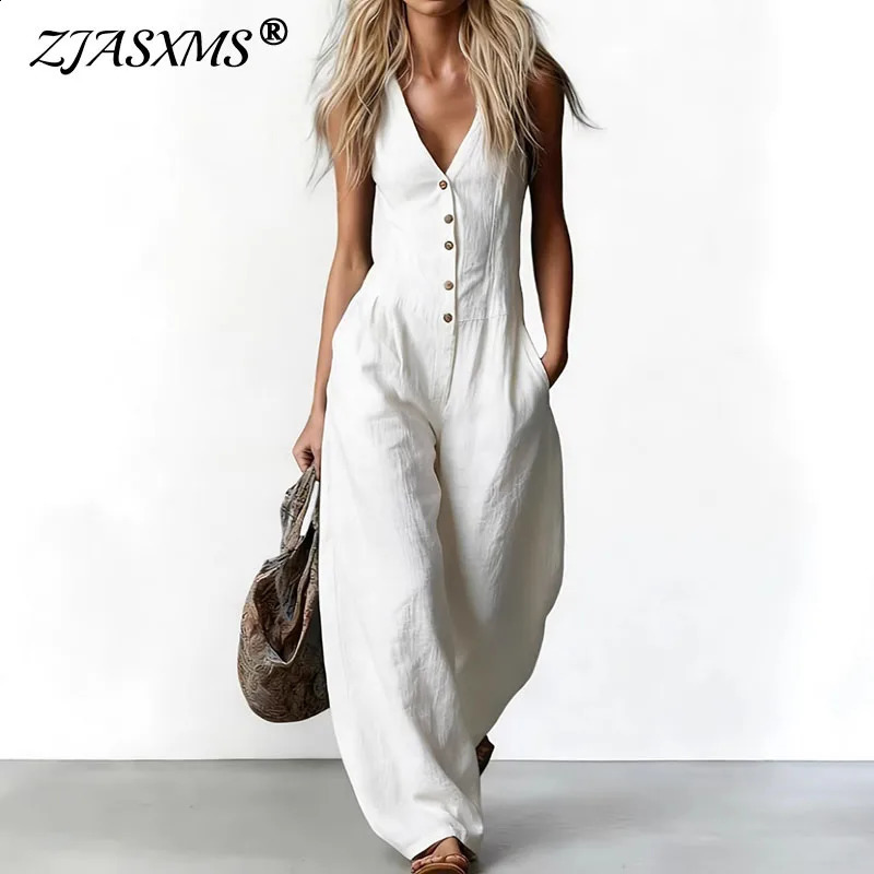 Fashion 2026 Spring Pocket Wide Leg Jumpsuit Sexy V Neck Button Womens Casual Rompers Summer Sleeveless Vacation Beach Overalls 260625