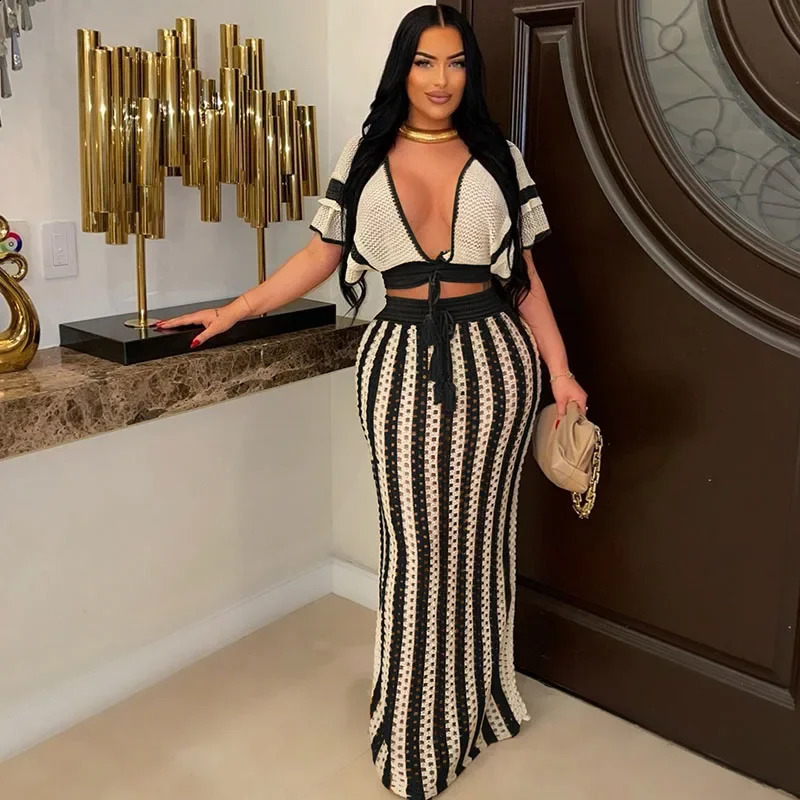 Striped Knitted Two Piece Set Women Outfit Y2K Clothes Clubwear Party Hollow Out Vneck Crop Top and Long Skirt Maxi Dress Sets 260622