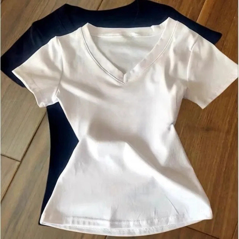 Skinny Slim Cotton V Neck Womens T Shirt Summer Basic Solid White Black Short Sleeve TShirt Casual Top Tee for Women Clothing 260624