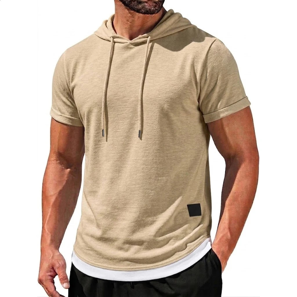 Mens Summer Short Sleeve Hooded Tees Casual Lightweight Breathable Tops Korean Streetwear for Gym and Daily Wear Top 260625