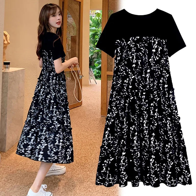 Womens Tshirt two Pcs Korean style Summer Dress MidLength Floral Printed Boho Casual Daily Chiffon floral black 260624