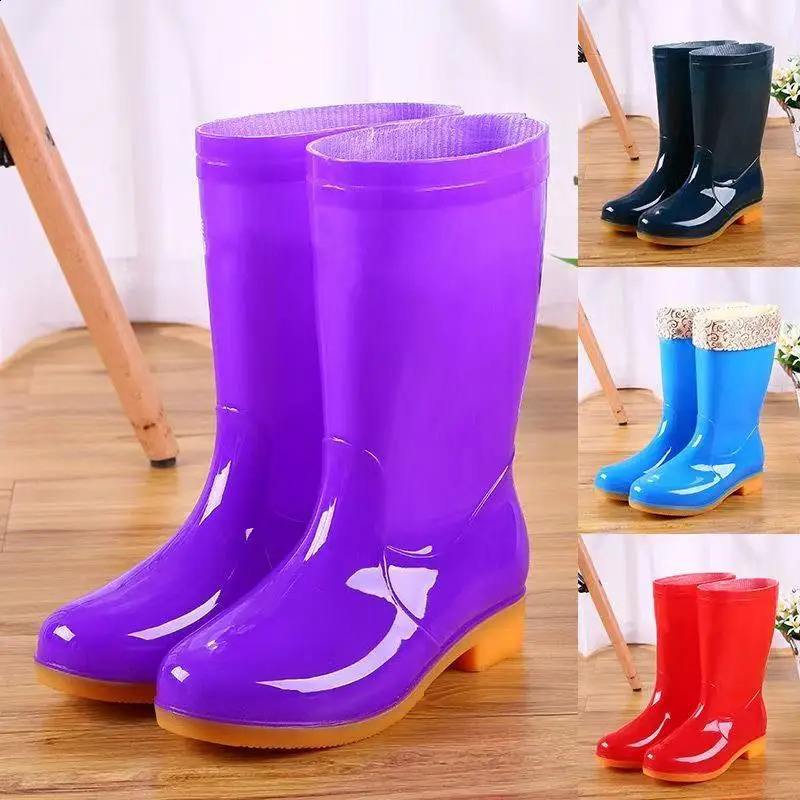 Botas de lluvia con forro polar a media pantorrilla para mujer, zapatillas de cocina impermeables, botines de verano antideslizantes cálidos y moder