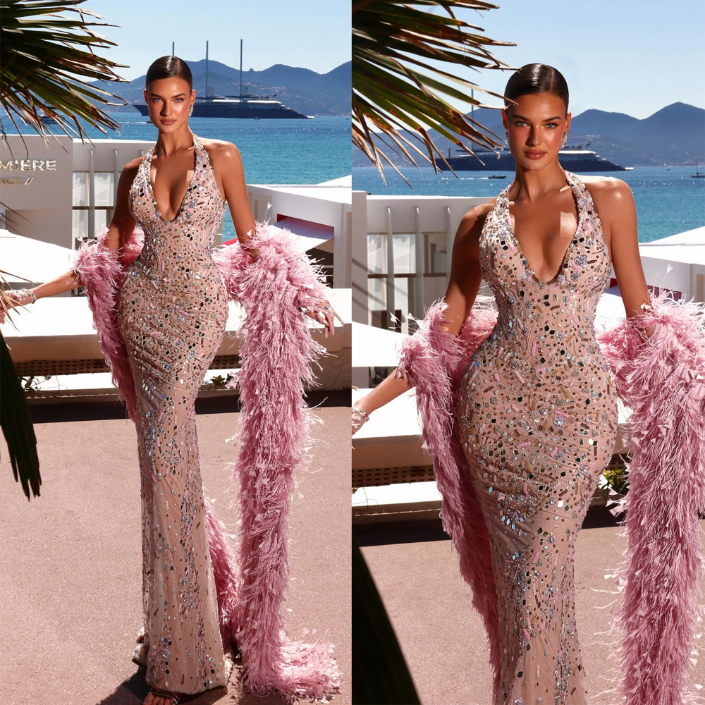 Gorgeous Prom Dresses Halter Mermaid Feather Shawl Celebrity Evening Dresses Beaded Sleeveless Party Gown Vestidos De Noche Customized Plus Size