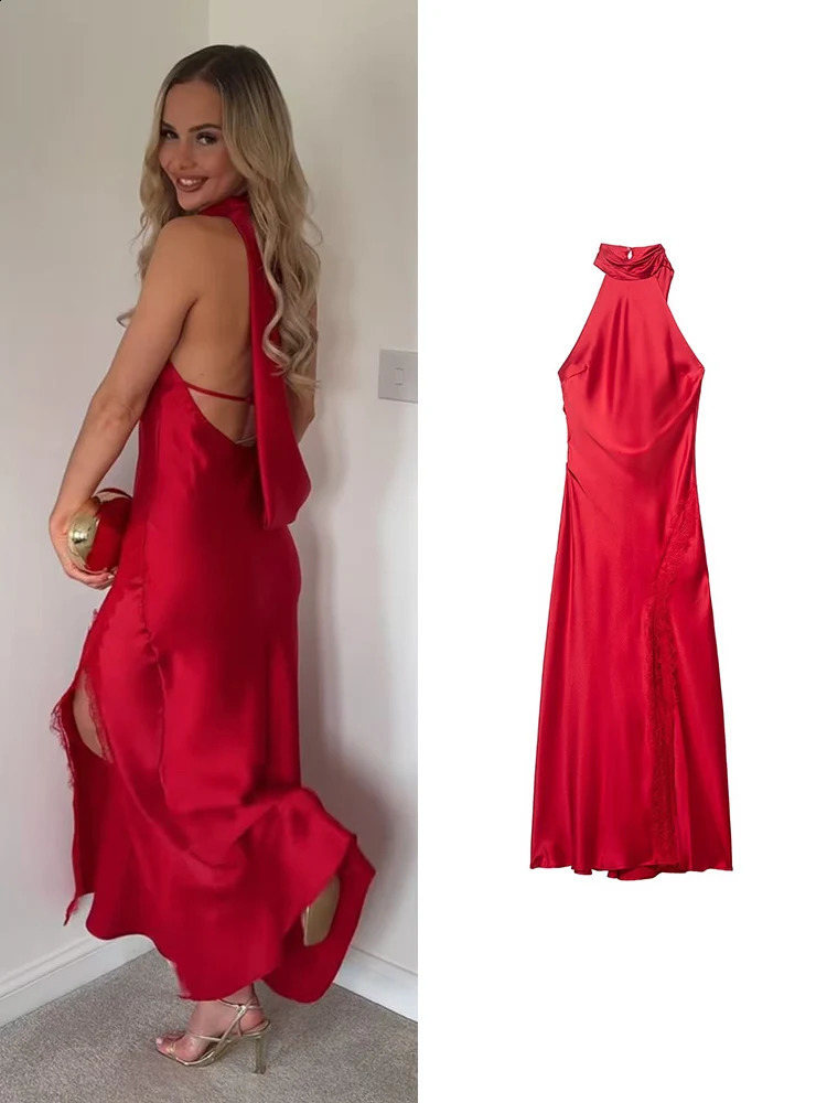 Fashion Women Lace Splicing Long Dress Elegant Hem Slit Solid Evening Sexy Halter Neck Sleeveless Backless Summer 260625