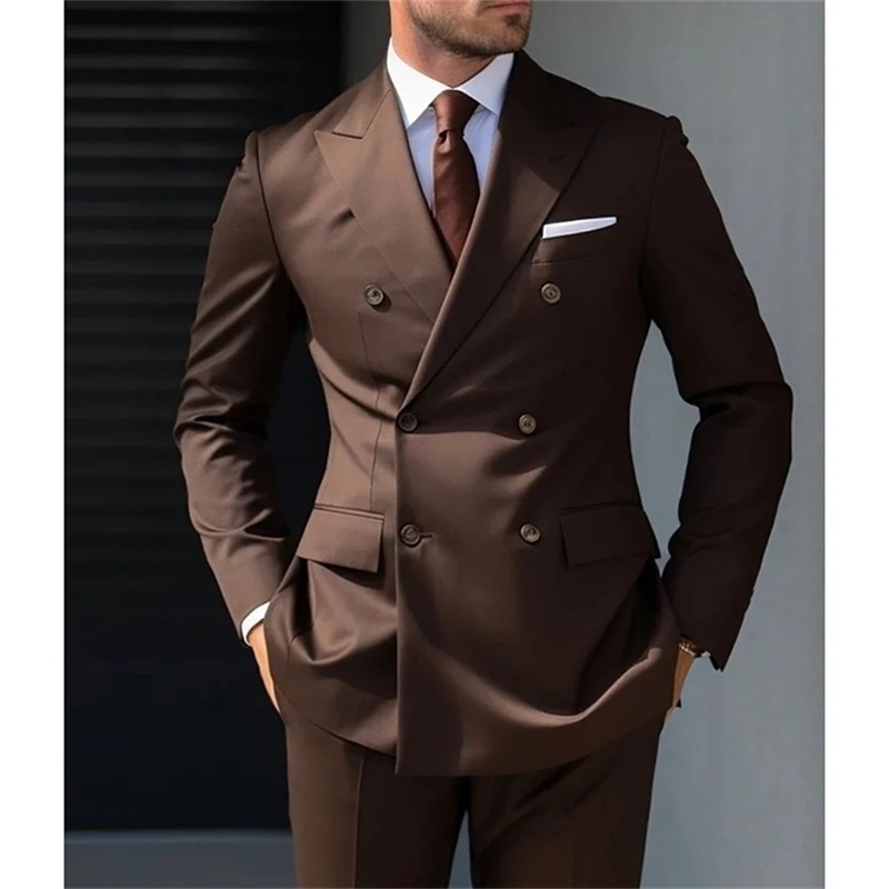 Brown Mens Suits Double Breasted Lapel Formal Party Outfits Business High Quality Elegant 2 Pcs Jacket Pants Tailor Made 260624BJ