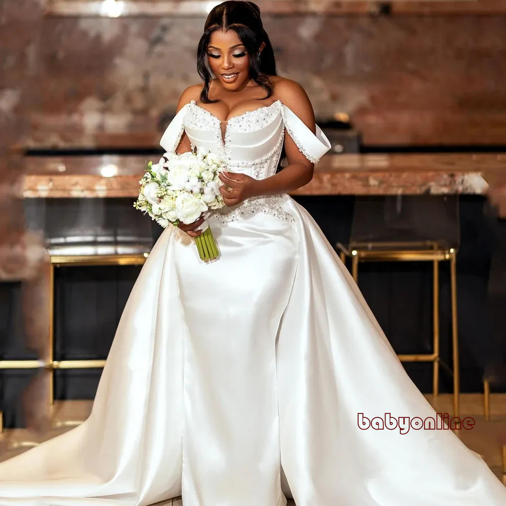 Modern Mermaid Wedding Dress Detachable Train Off Shoulder Pleats Beading Pearls Satin African Bride Bridal Gowns Vestidos De Novial