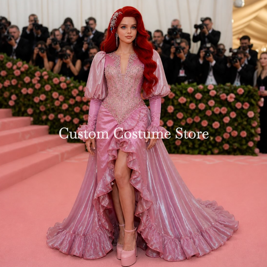Shiny Purple Pink Metgala 2026 Prom Party Dresses Luxury Beaded Long Sleeve High Slit Evening Birthday Gown Cosplay princess