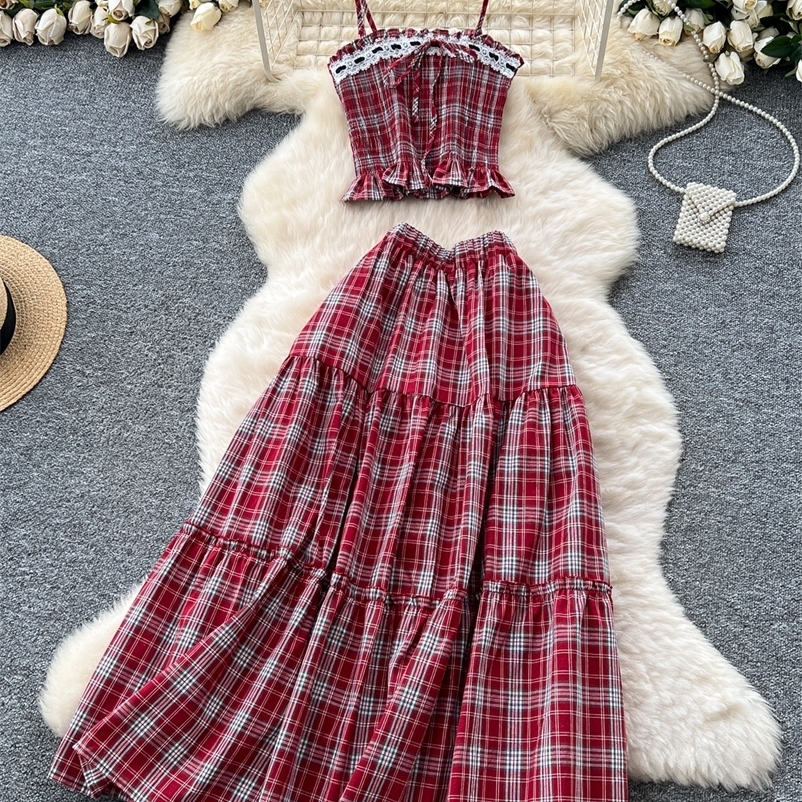 Summer Vaion Set Womens Sweet Lace Splicing High Waist Gingham Skirt And ter Top Two-Piece Suit Faionable Outfit 260615