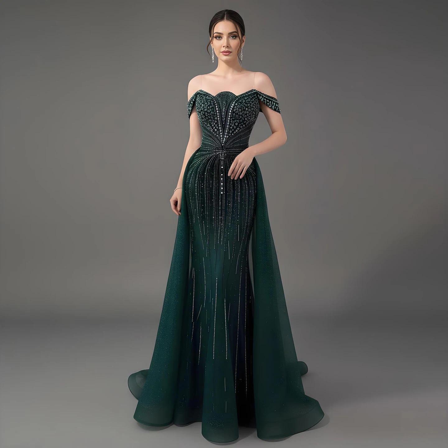 Evening Dresses Luxury Crystal Beading Nude Off Shoulder Mermaid Gowns for Women Party Prom gowns Custom Made color/size Robe De Soiree