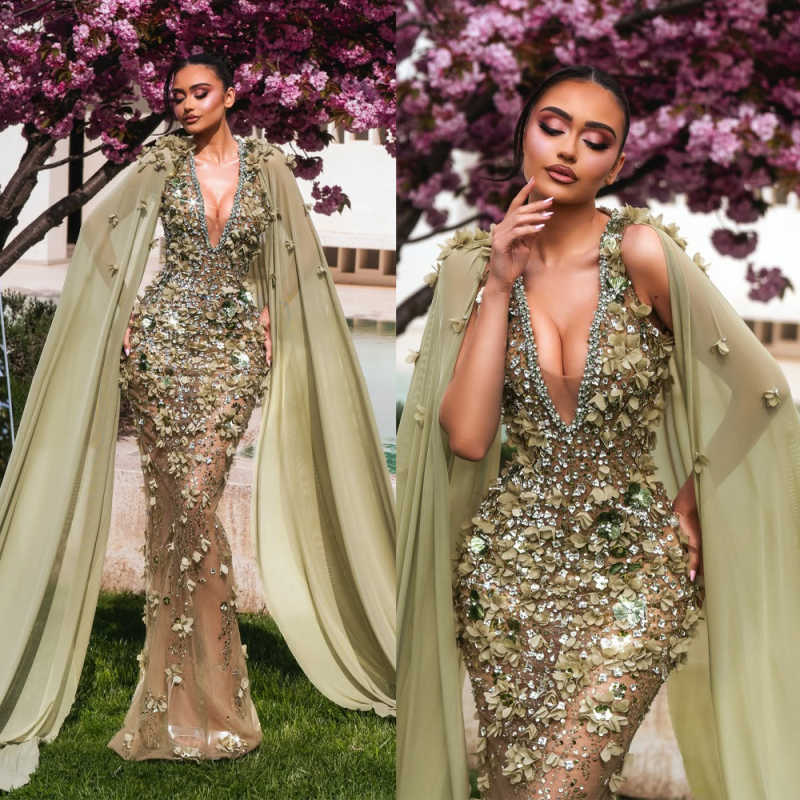 Customized Mermaid Evening Dress V-Neck Crystal Beading 3D Applique Dress With Wraps Bridal Gown Prom Vestido De Novia