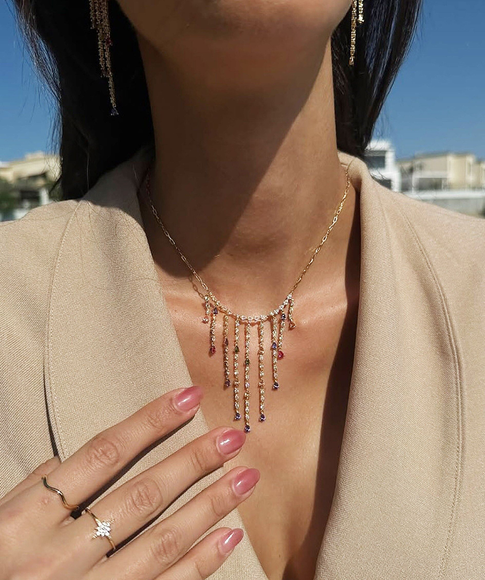 High Quality 5A Cubic Zirconia Colorful Waterdrop CZ Tassel Tennis Chain Tear Drop Charm Gold Color Sexy Necklace For Women