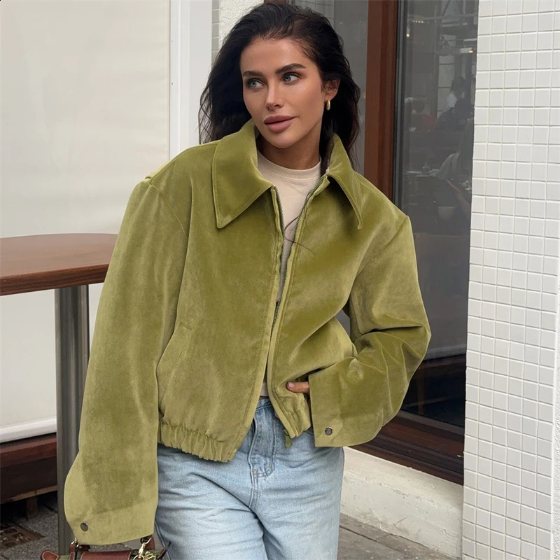Casual Zipper Womens Green Suede Jacket Women Loose Lapel Full Sleeve Pocket Crop Coats Autumn Winter Lady Street Thick Outwear 260618