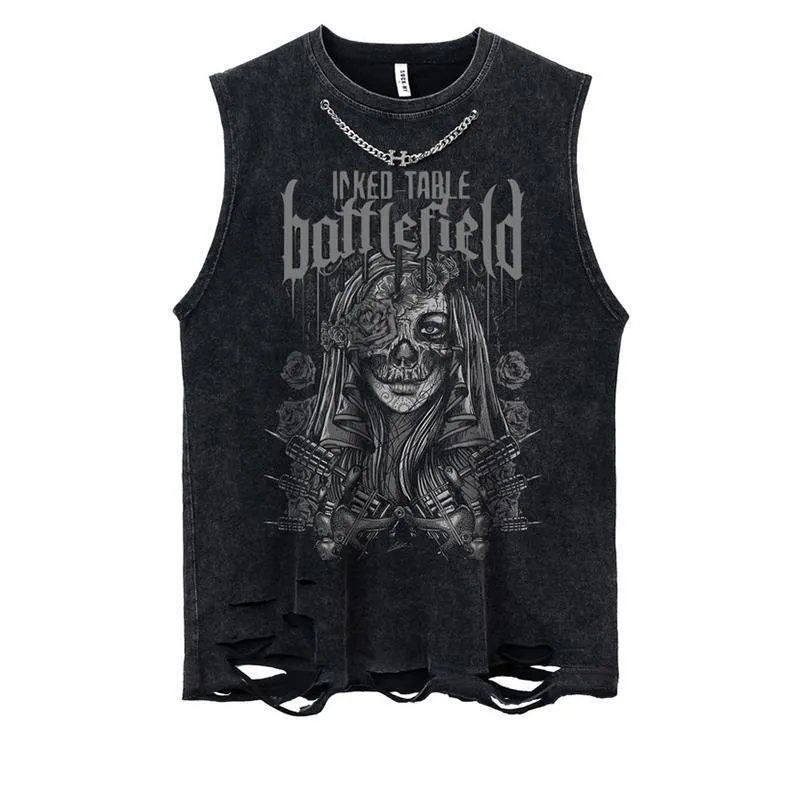 Men's short sleeved shirt, designer T-shirt, men's vest, trendy hip-hop distressed distressed design, loose shoulder, sleeveless versatile