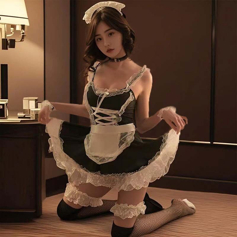Sexy plus-size maid lingerie with hollow-out design, alluring and pure, no-removal teasing passion set pajamas