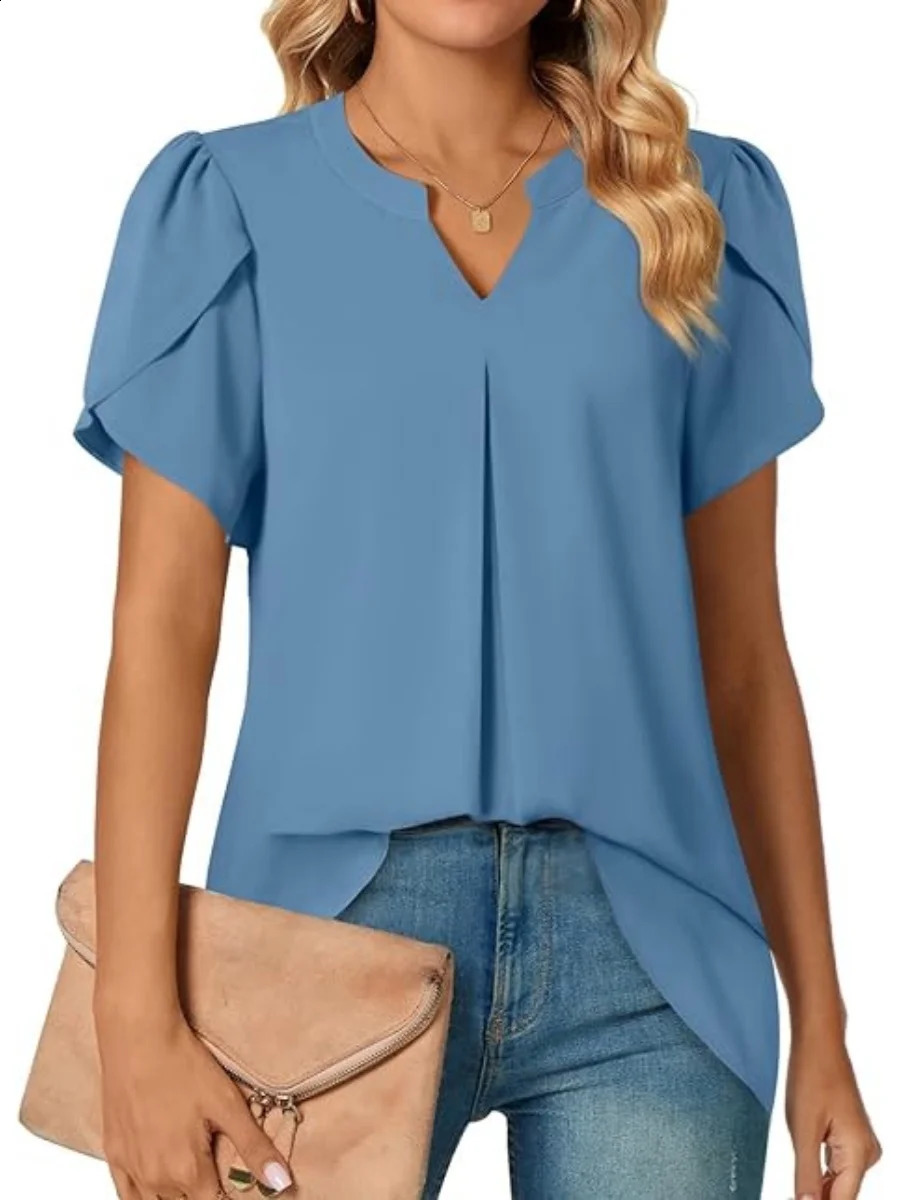 Womens Short Sleeve Chiffon Blouse V Neck Ruffle Loose Fit Casual Top for Summer Office Wear 260625