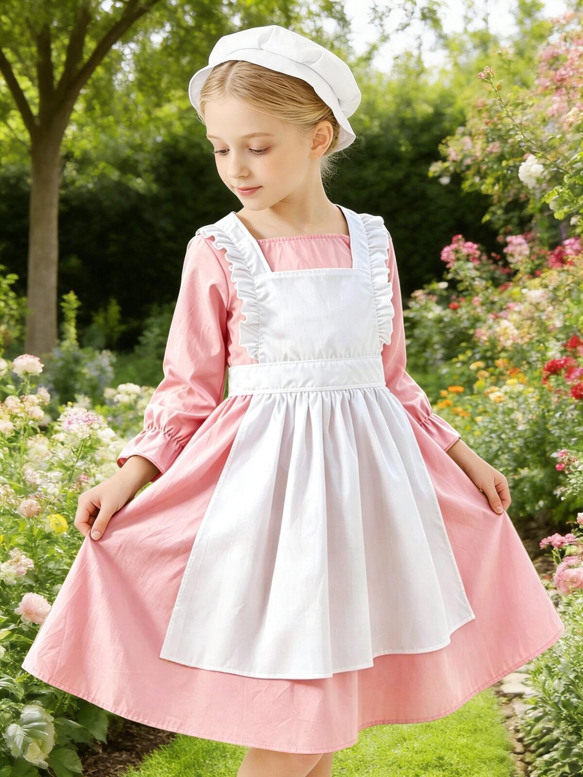 Kids Pink Long Sleeve Dress with White Apron Hat Set Vintage Maid Outfit Girls Garden Photo Shoot Costume Sweet Ruffle Pinafore Dresses for Party Da