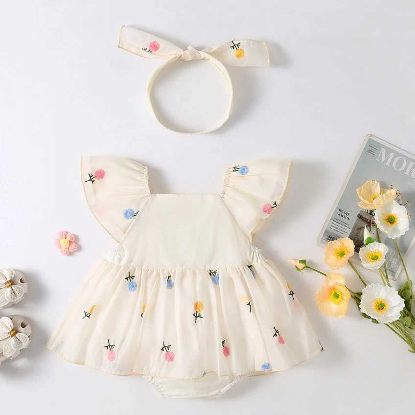 22193 Baby Girl Clothes 2024 Summer New Short Sleeve Thin Baby Girls One Piece Clothes Embroidery Sweet Party Dress Clothes Y260625RWAF
