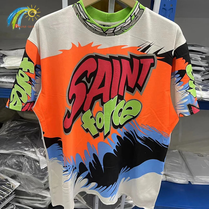 Hip Hop Retro Racing Style Graffiti Color Blocking Saint Micheal T-Shirt Men Women High Quality Oversized T Shirt Tee Tops 260624