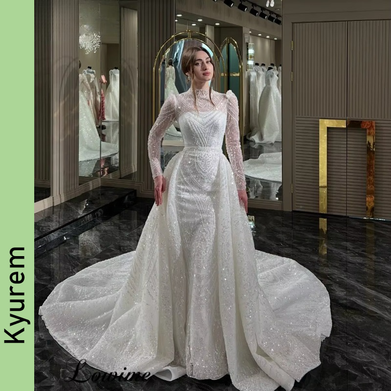 2 Pieces Wedding Dresses with Detachable Train Long Sleeves Elegant Bridal Gowns Vestidos De Novia Bride Dress Robe De Mariee