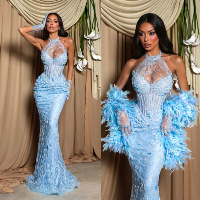 Customized Saudi Arabia Party Prom Dress Feather Formal Guest Long Mermaid Evening Dresses Red Carpet Gala Gowns