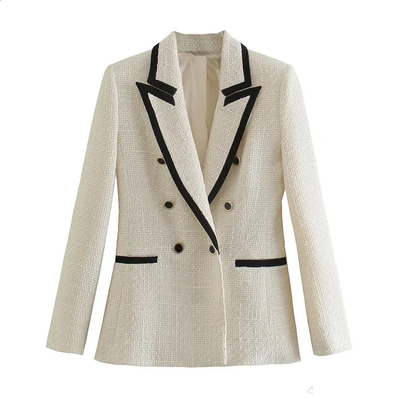 Women Double Breasted Tweed Blazer Coat Vintage Long Sleeve Pockets Female Outerwear Autumn Winter Jacket Casual Blazer 260618