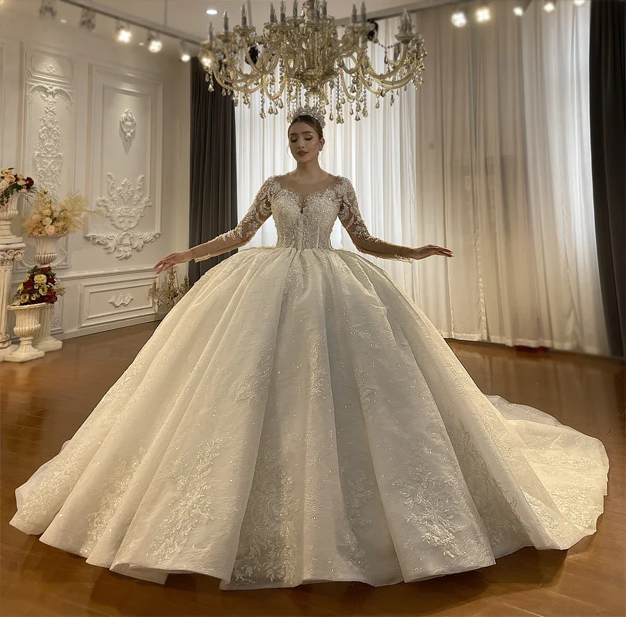 Luxury Ball gowns wedding dresses Pearl Lace Long Sleeve Bridal Gowns dresses vestidos de novia Custom Made color/size