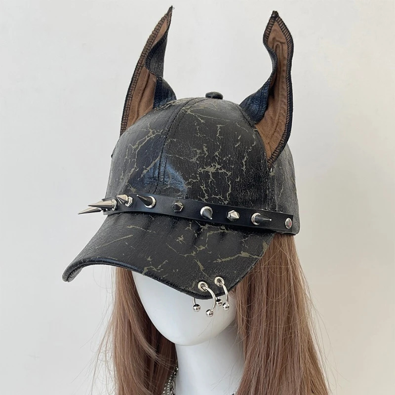 Niche Punk Leather Rivet Dog Ears Baseball Caps Spring and Autumn Men and Women Personality Adjustable Sunshade Hip Hop Hat 260624
