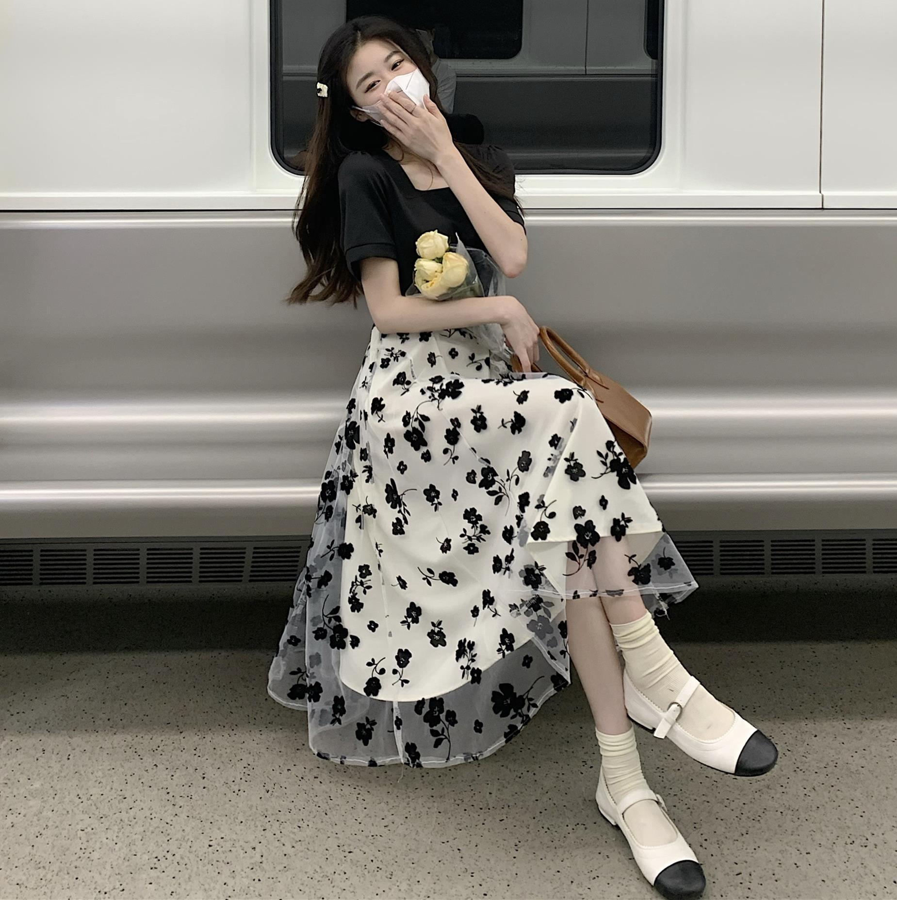 Q0453 fake two pieces summer new waist thin floral dress large size fat mm design sense niche skirt women