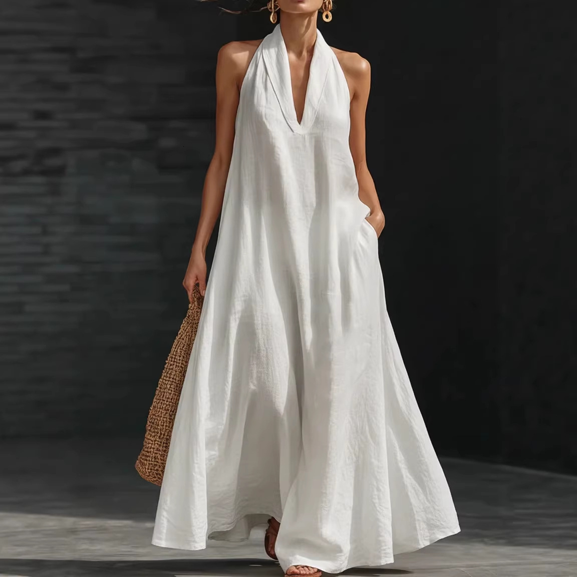 Summer Women's Casual Solid Color V-Neck Dress LEEGO LENS