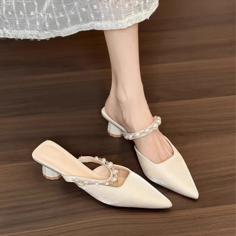 Summer Pointed Solid Color Shoes Transparent Ribbon Pearl Shallow Mouth Slippers for Women Simple and Comfortable High Heels 260625