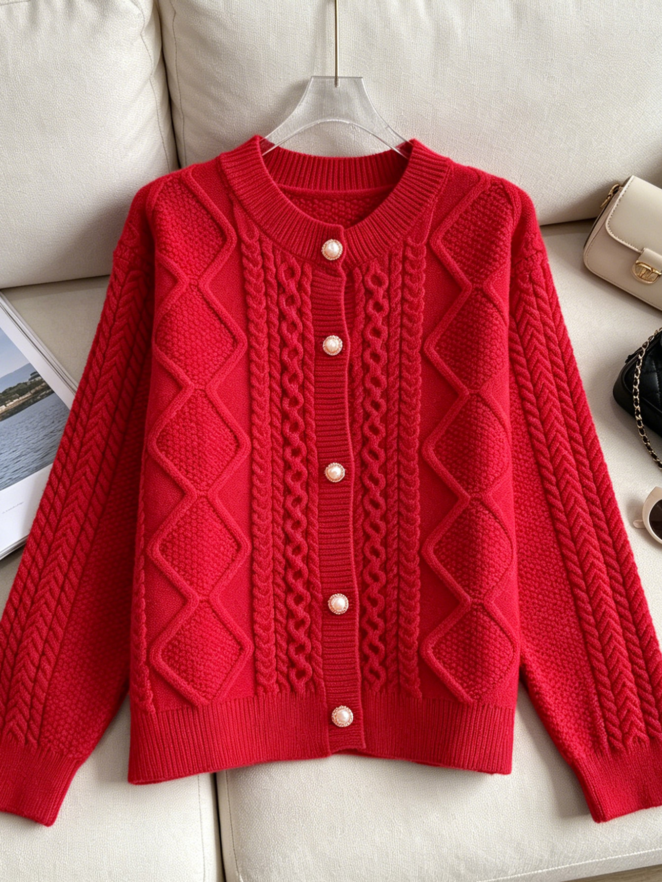 Women Red Cable Knit Cardigan Round Neck Pearl Button Textured Knitted Coat Loose Long Sleeve Fall Winter Sweater Outerwear