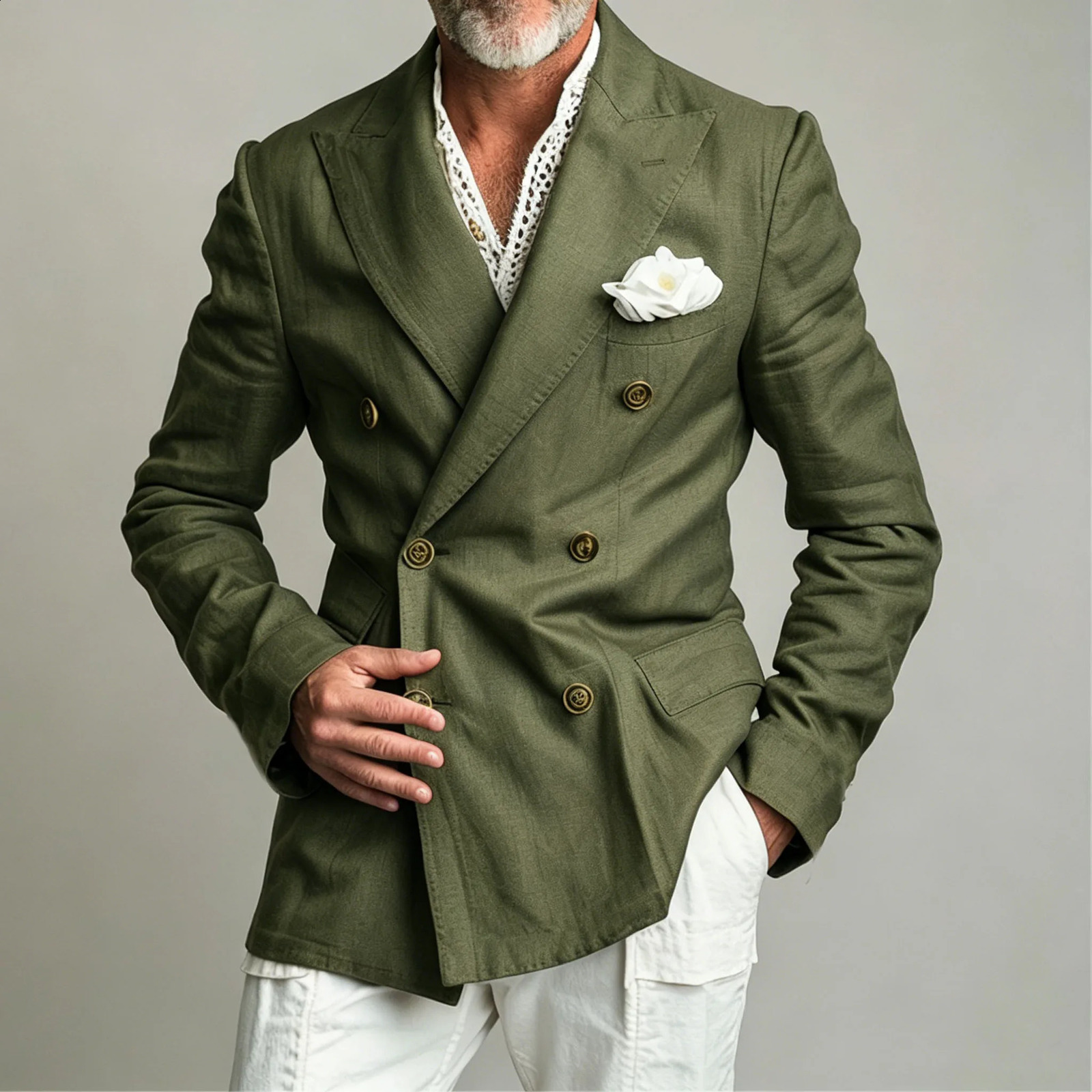Mens Chic Lapel Linen Blazer Double Breasted Slim Fit Formal Suit Jacket Summer Business Wedding Party Beach Daily Coat 260618