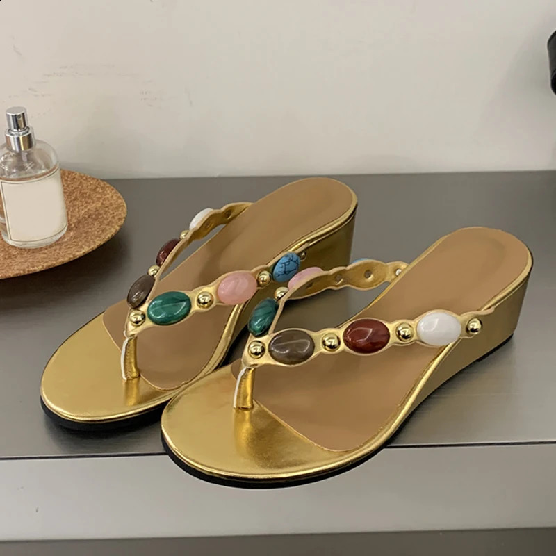 Liyke Bohemian Style Colour Gem Strap Slides Women Clip Toe Wedge Slipper Summer Beach Party Shoes Low Heels Flip Flops 260625