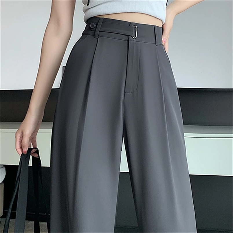 Seoulish Summer Womens Casual Pants Wide Leg Pants Elegant Office Lady Solid Color High Waist Loose Trousers Female 260624