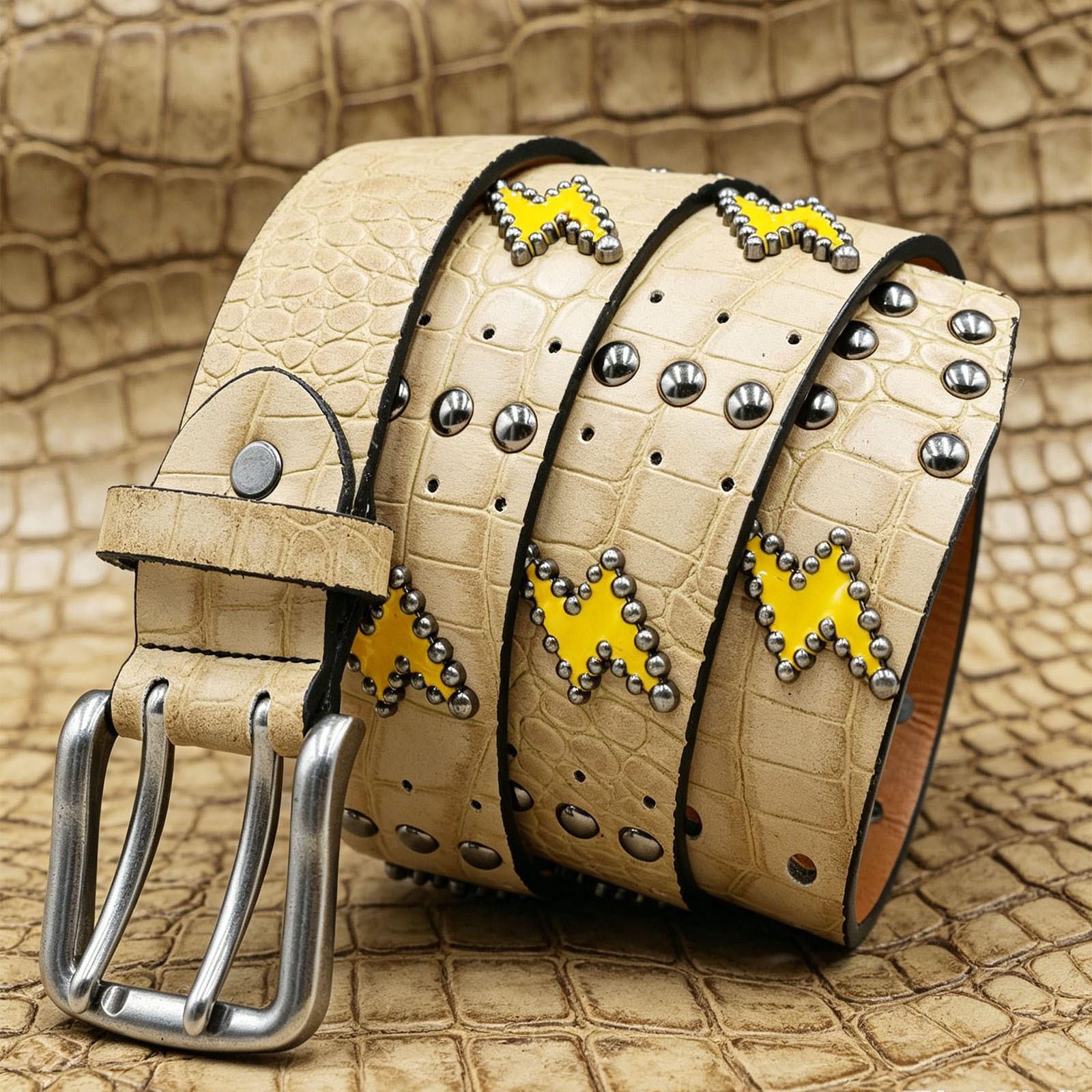 Heavy Industry Men's And Women's Original American Retro Cream Crocodile Pattern Designer Belt Lightning Rivet Gothic Niche Subculture Fas