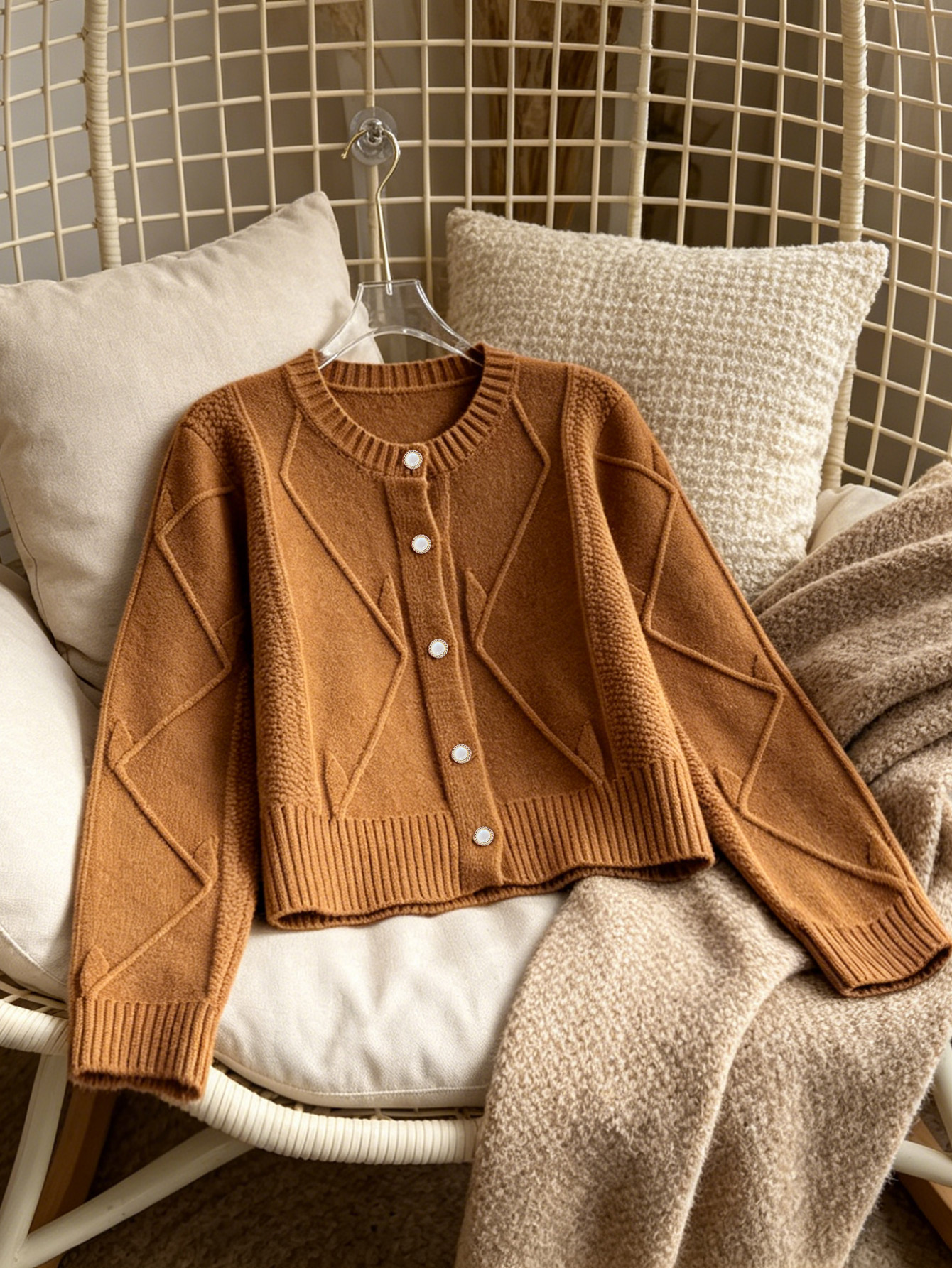 Women Caramel Diamond Textured Knit Cardigan Round Neck Pearl Button Long Sleeve Cropped Knitted Sweater Outerwear