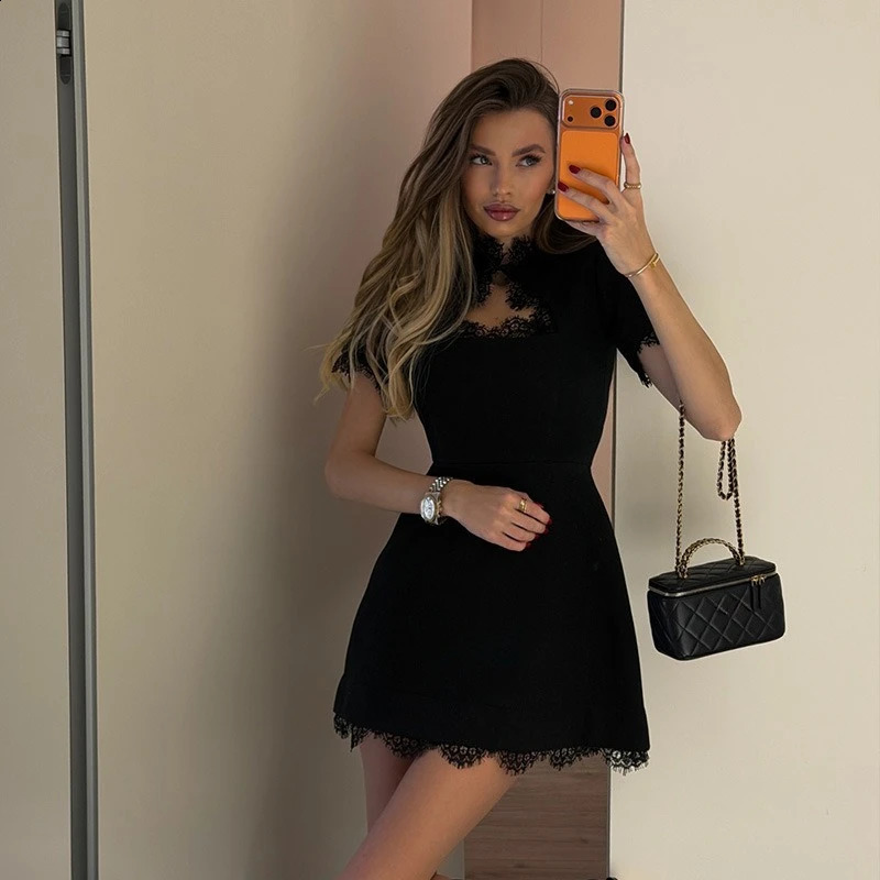 Sexy Fashion Lace Patchwork Hollow Out Bodycon Sheath High Collar Women Dresses Half Sleeves Outfits Female Mini Vestidos 260624BJ