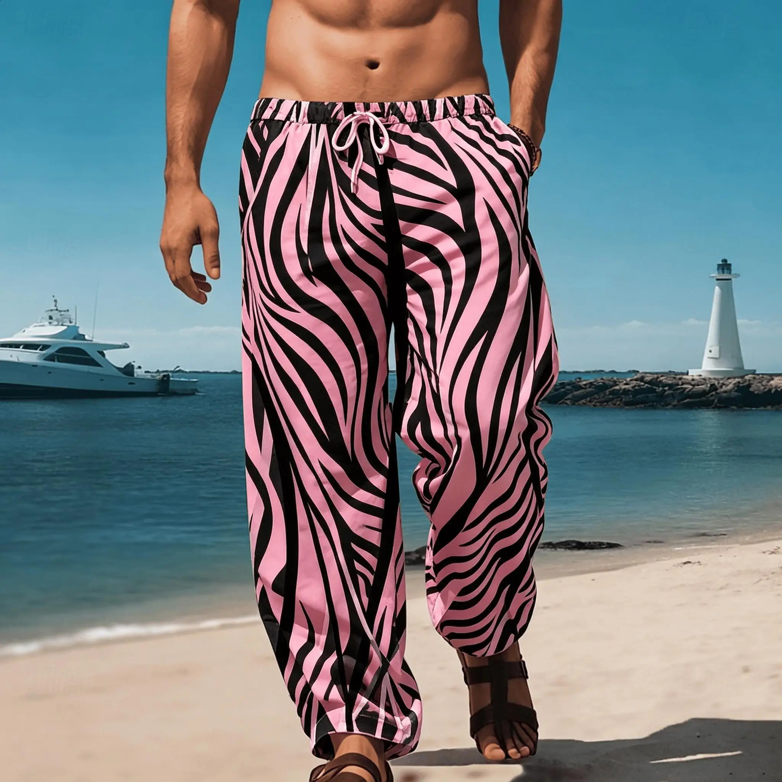 Mens Pink Black Zebra Print Drawstring Wide Leg Pants Retro Animal Straight Pants for Spring Summer 260625